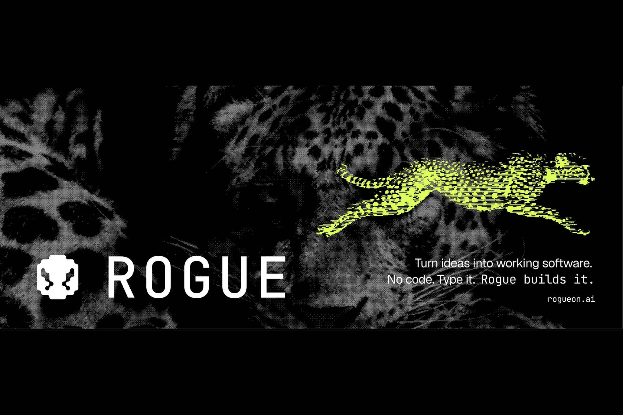 The Rogue wordmark and jaguar mark in acid green on a black leopard-print field